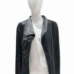 Ottimo Women’s Genuine Leather Jacket Black Leopard Trim Moto Style Size 36 NWT